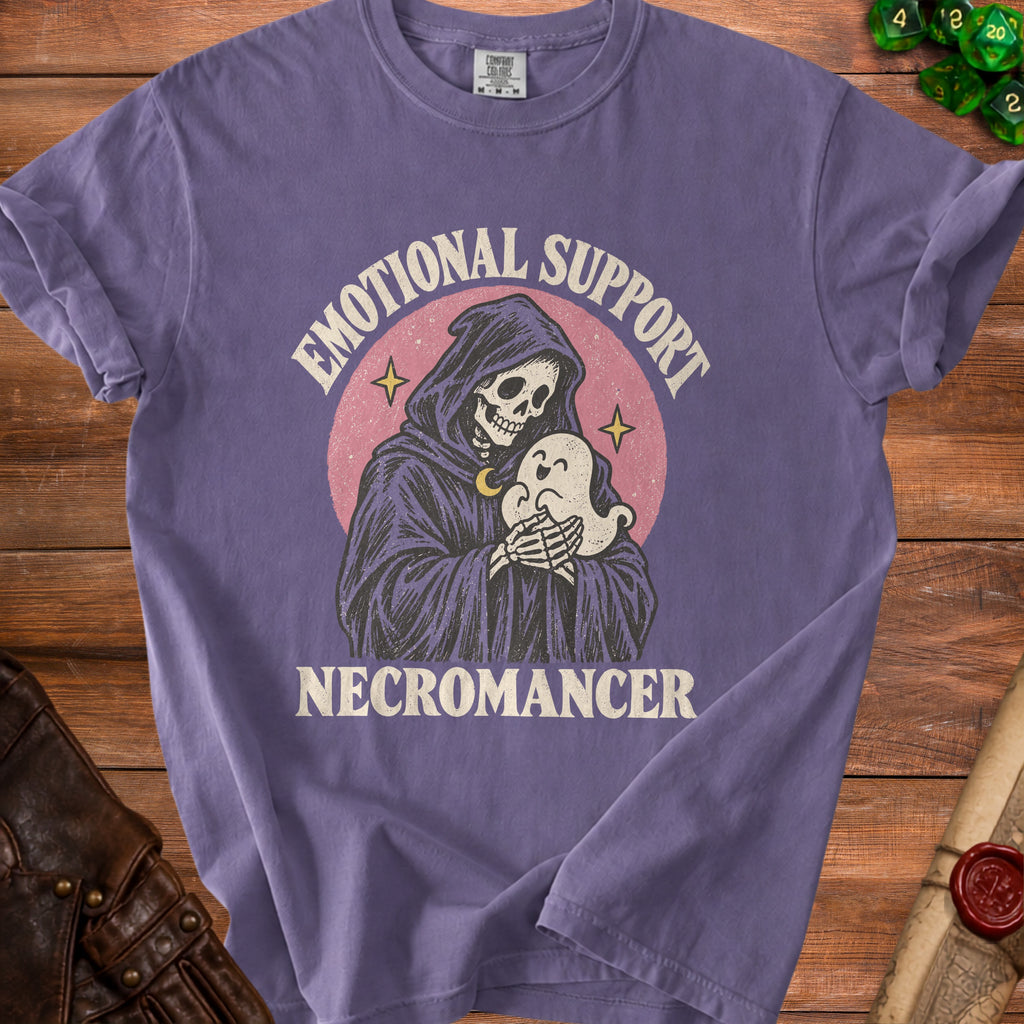Grim reaper holding a cute ghost, with text "Emotional Support Necromancer".