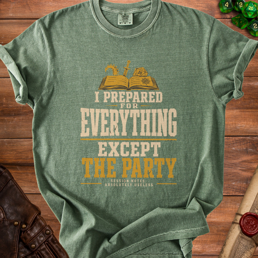 Green t-shirt with text "I Prepared For Everything Except The Party" and D&D graphics.