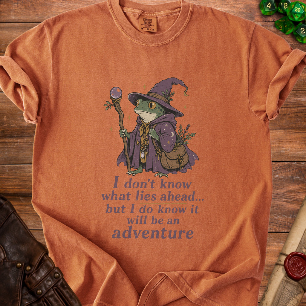 Orange t-shirt with a wizard frog graphic and text: "I don't know what lies ahead... but I do know it will be an adventure."