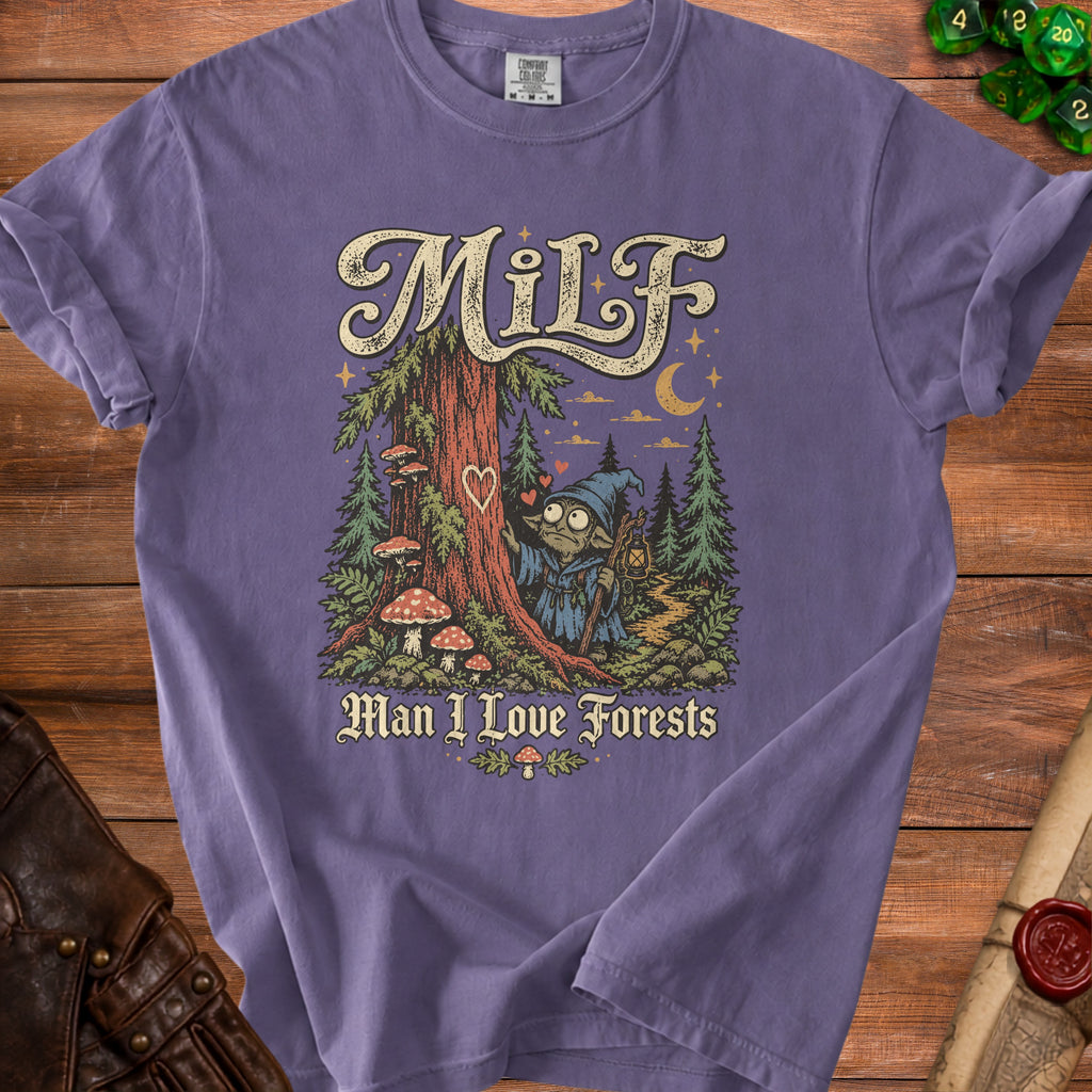 Purple t-shirt with "Milf Man I Love Forests" text and forest gnome graphic.