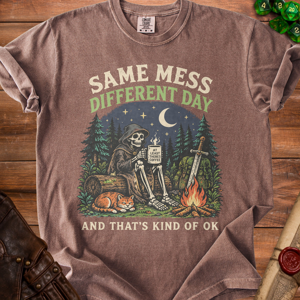 Skeleton in cloak with cat and coffee, "Same Mess Different Day".
