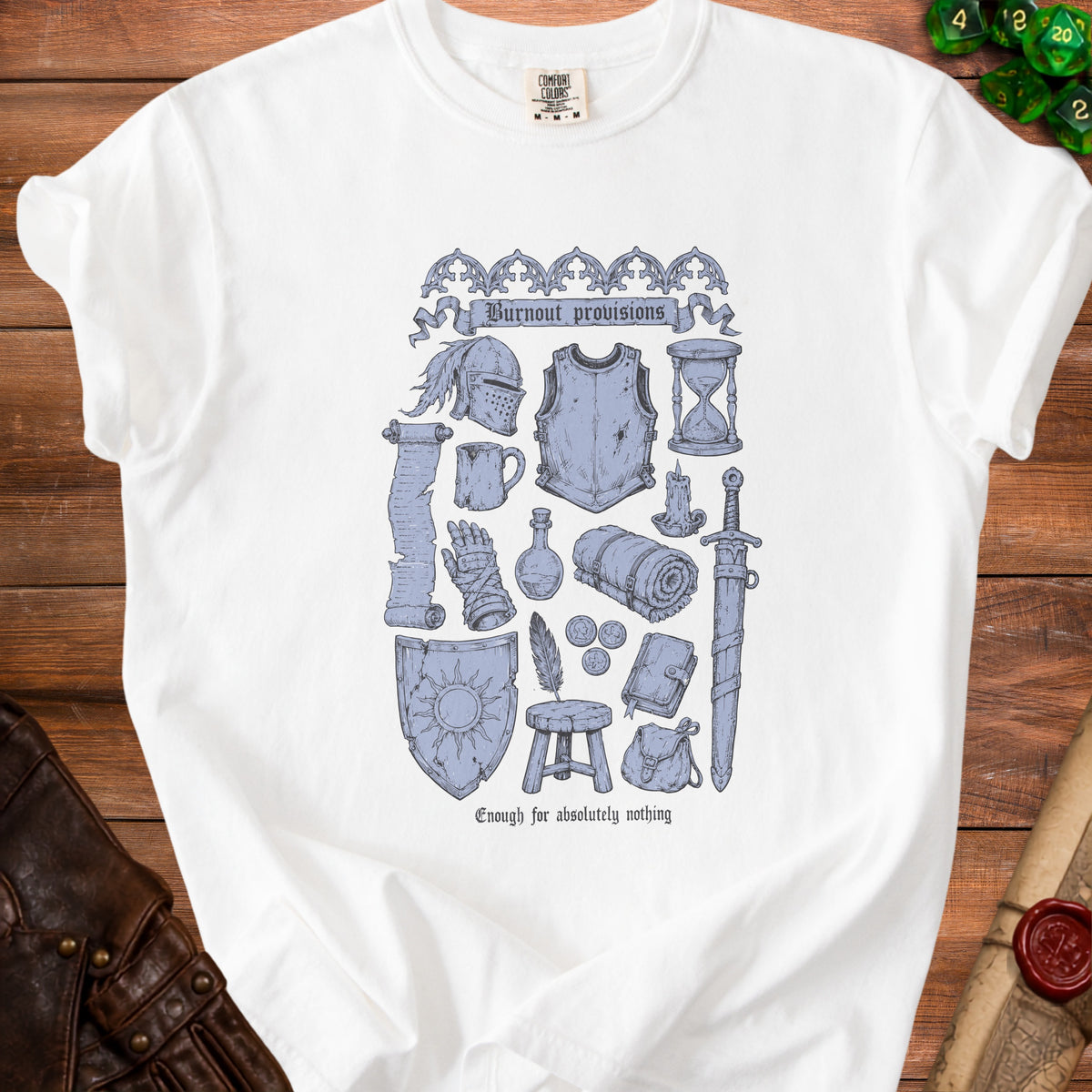 White t-shirt with "Burnout provisions" graphic and medieval adventure items.