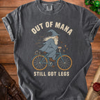 Dark grey t-shirt with wizard on bicycle and text "Out of Mana Still Got Legs".