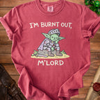 Red t-shirt with cartoon goblin knight and text "I'M BURNT OUT, M'LORD".