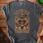 Graphic t-shirt with muscular pit bull wearing sunglasses and "If they want to paint you as the villain then pose" text.