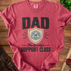 Red t-shirt with DAD and a D20 die graphic: The family's SUPPORT CLASS.