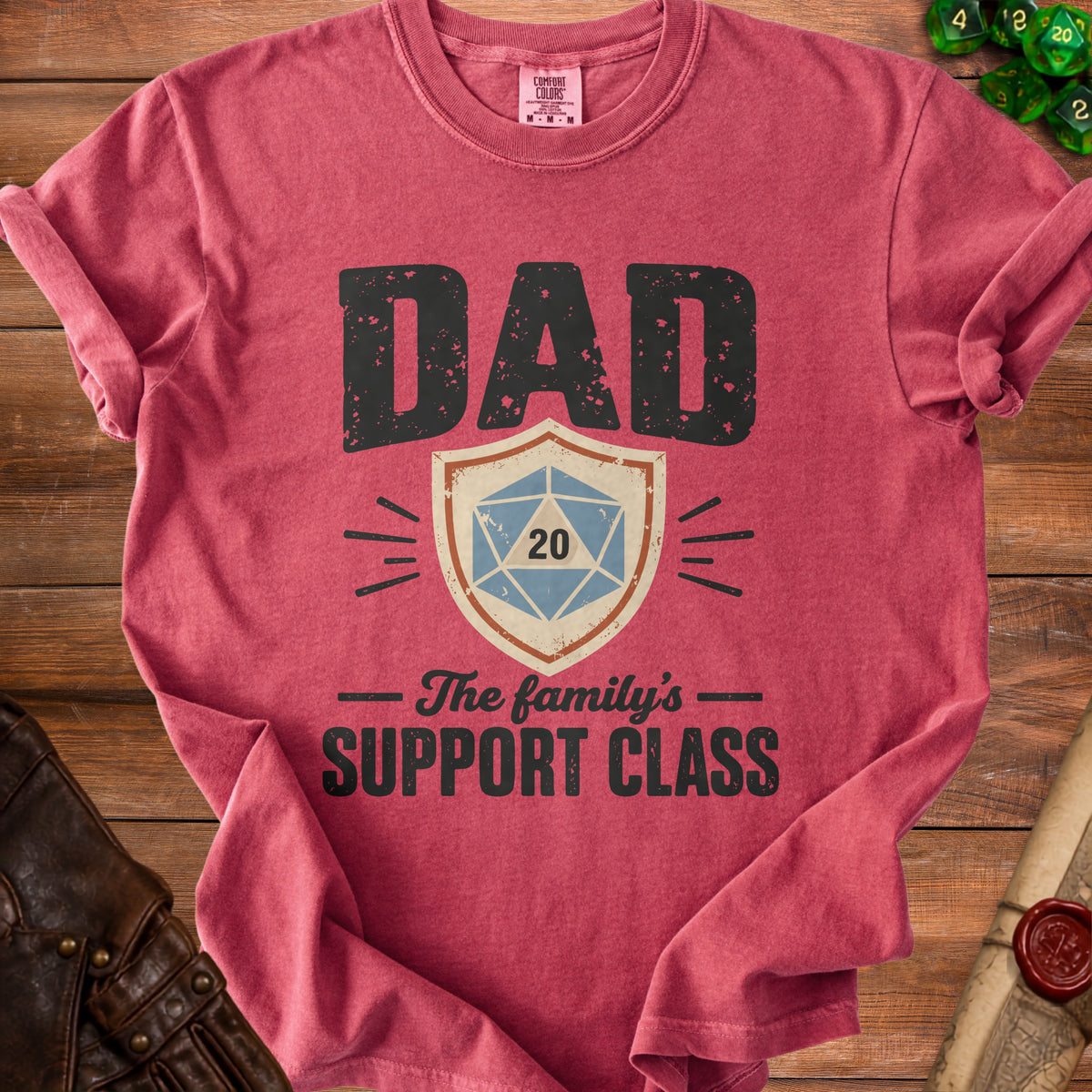 Red t-shirt with DAD and a D20 die graphic: The family's SUPPORT CLASS.