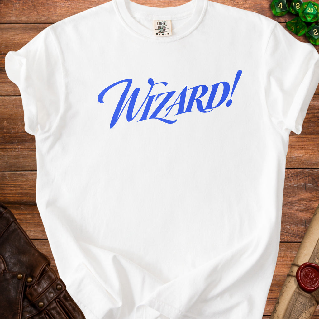 White t-shirt with "Wizard!" in blue script font, Comfort Colors tag.
