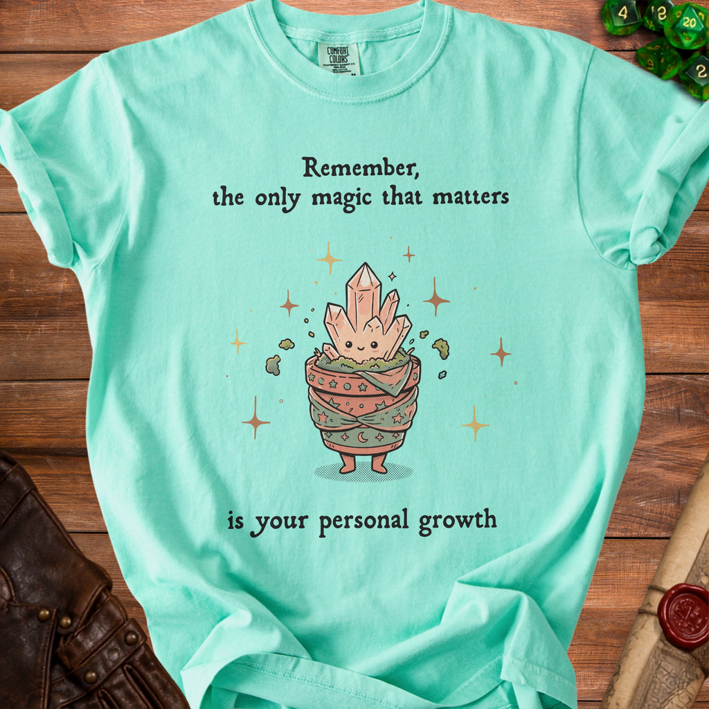 Teal t-shirt with crystals in a pot, text reads "Remember, the only magic that matters is your personal growth".