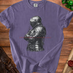 Purple t-shirt with knight graphic and text "Emotionally Unavailable".