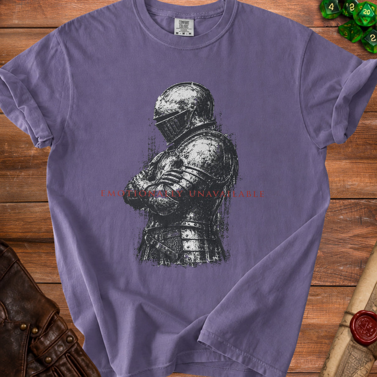 Purple t-shirt with knight graphic and text "Emotionally Unavailable".