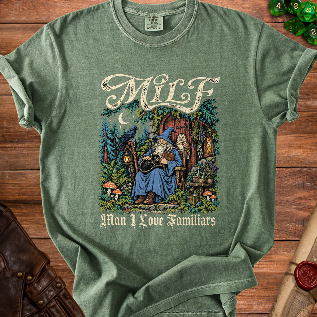 Green t-shirt with wizard, cat, owl, raven, and text "MILF Man I Love Familiars".