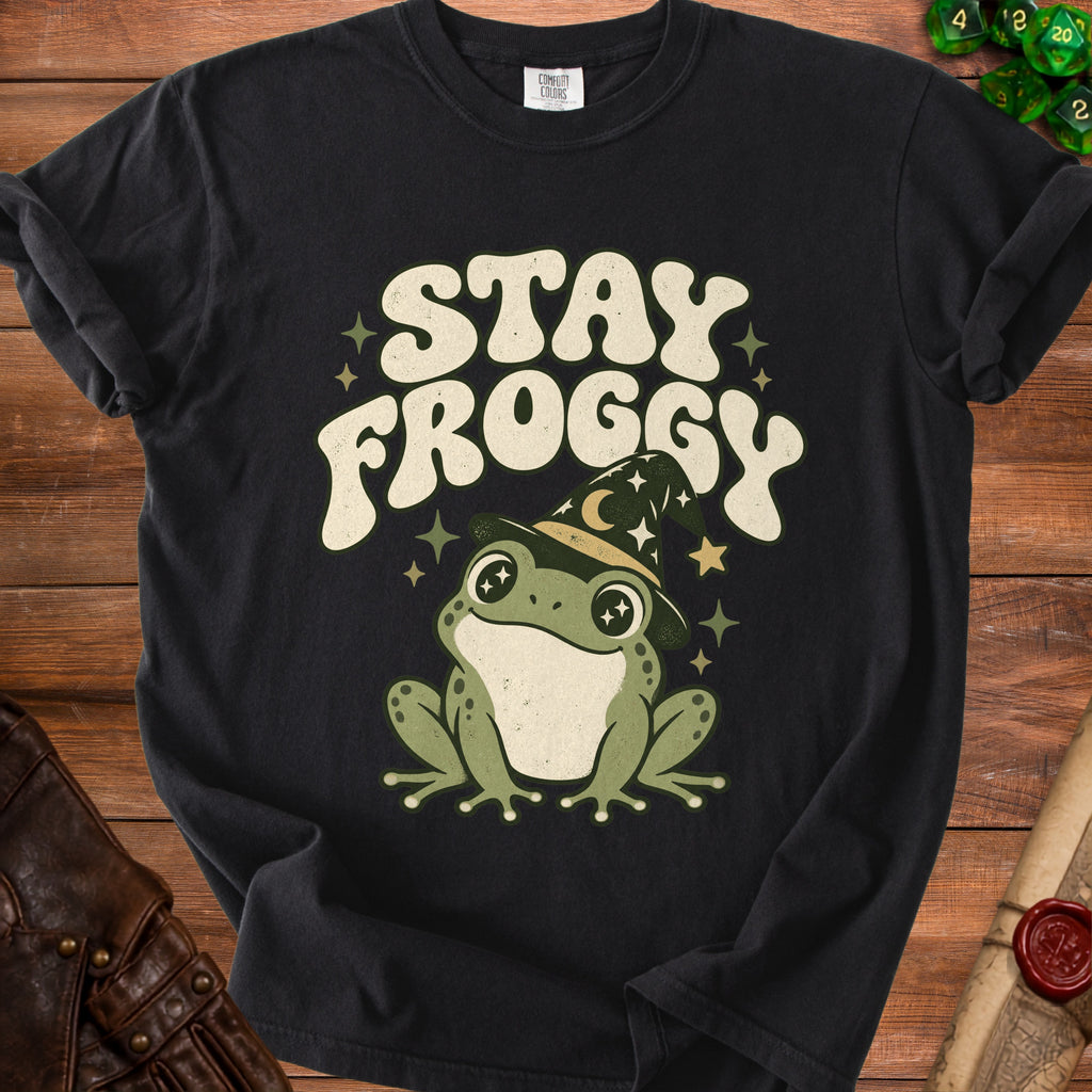 Black t-shirt with "STAY FROGGY" text and a cartoon frog wearing a witch hat.