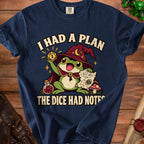 A blue t-shirt featuring a cartoon frog wizard holding a critical fail die and map, with text reading I Had A Plan The Dice Had Notes.