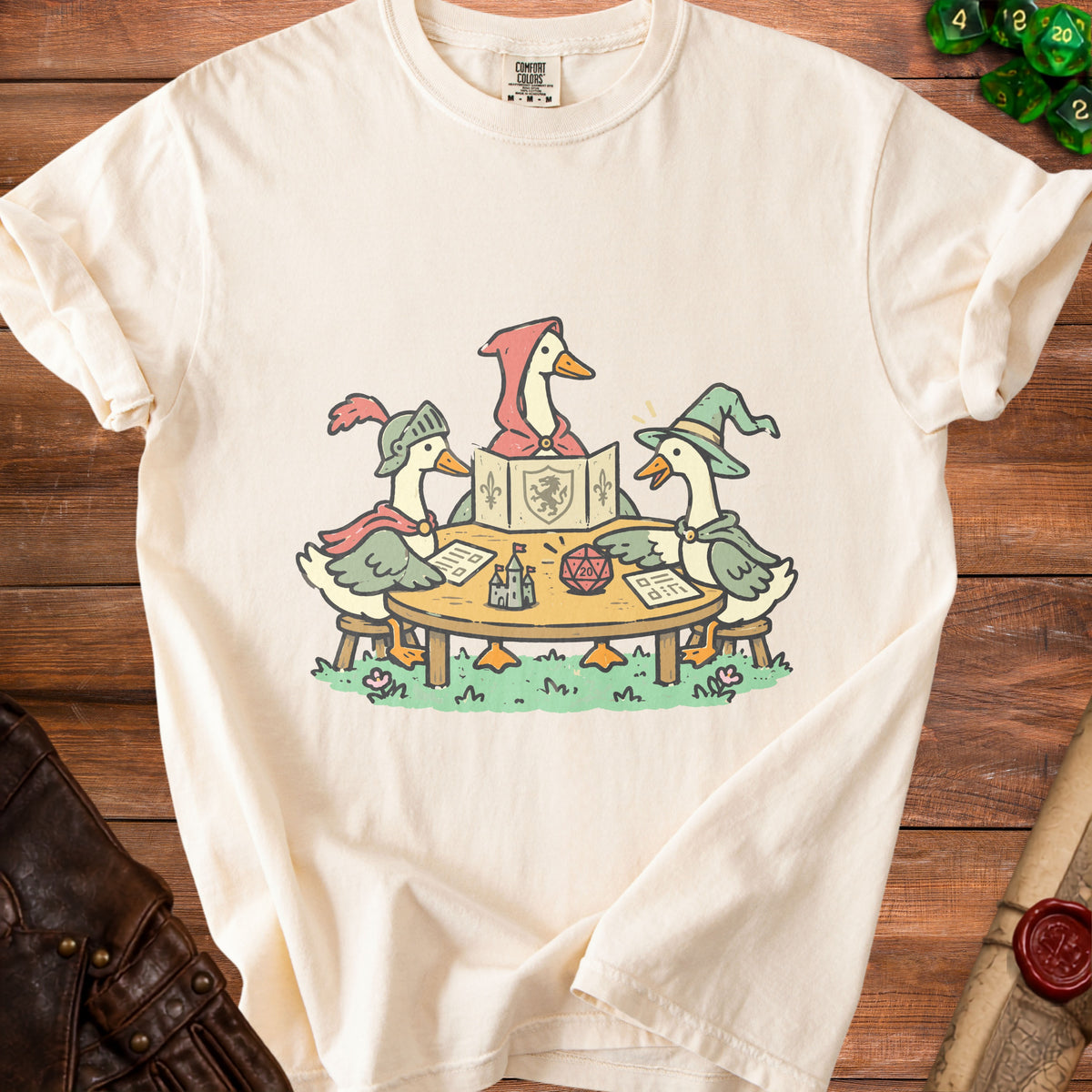 Three cartoon geese dressed as fantasy characters play a tabletop role-playing game.