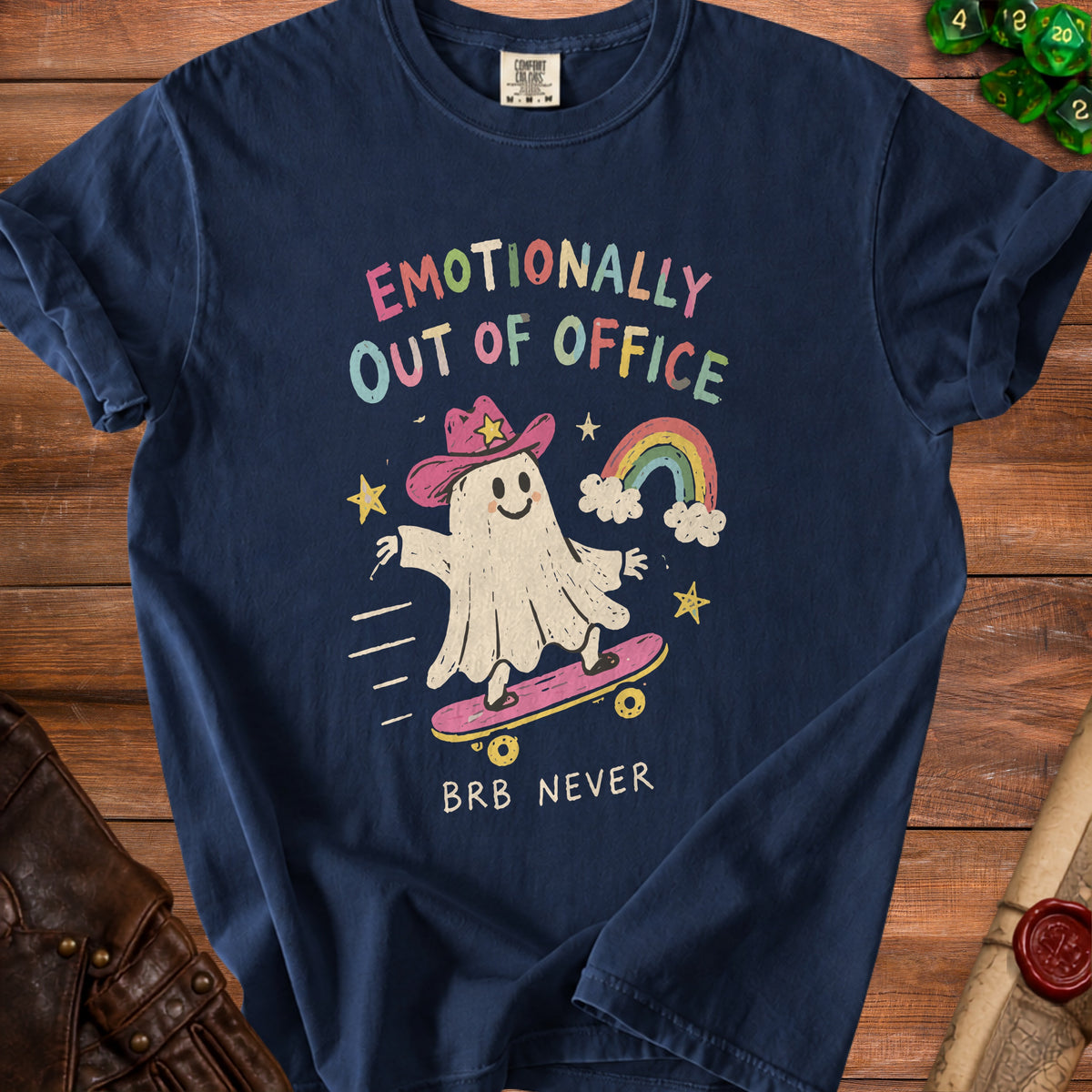 Navy t-shirt with "Emotionally Out of Office BRB NEVER" and a ghost skateboarding.