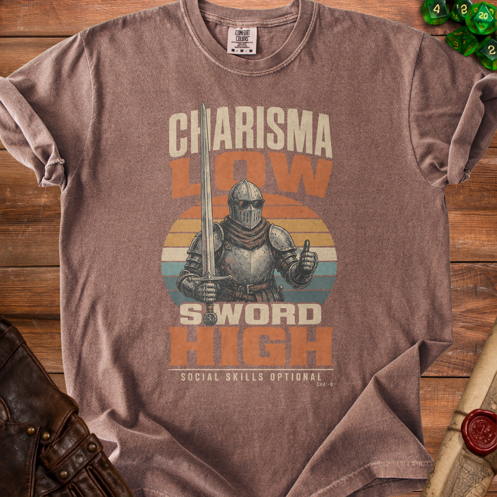 Brown t-shirt with knight graphic: "Charisma Low, Sword High, Social Skills Optional".