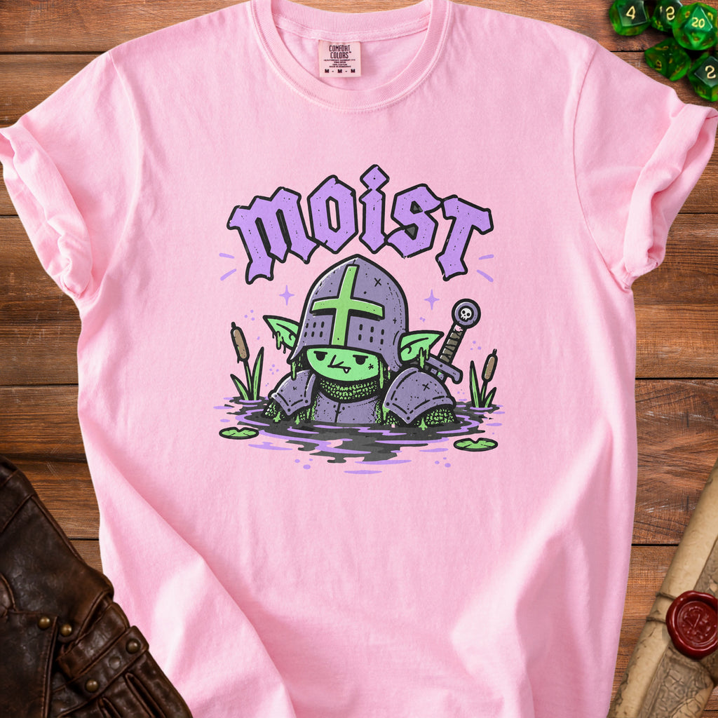 Pink t-shirt with cartoon knight goblin in water and "moist" text.