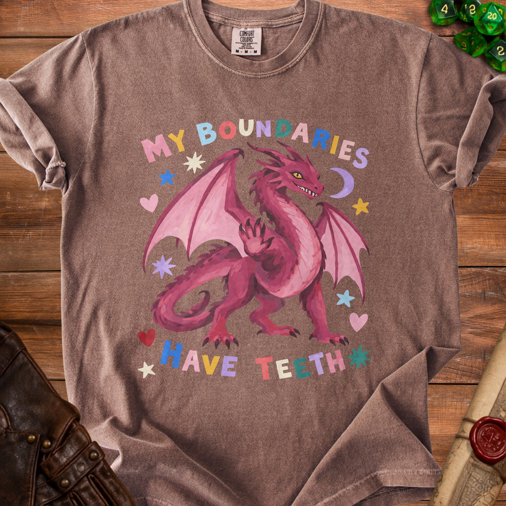 Brown t-shirt with pink dragon graphic and text "MY BOUNDARIES HAVE TEETH".