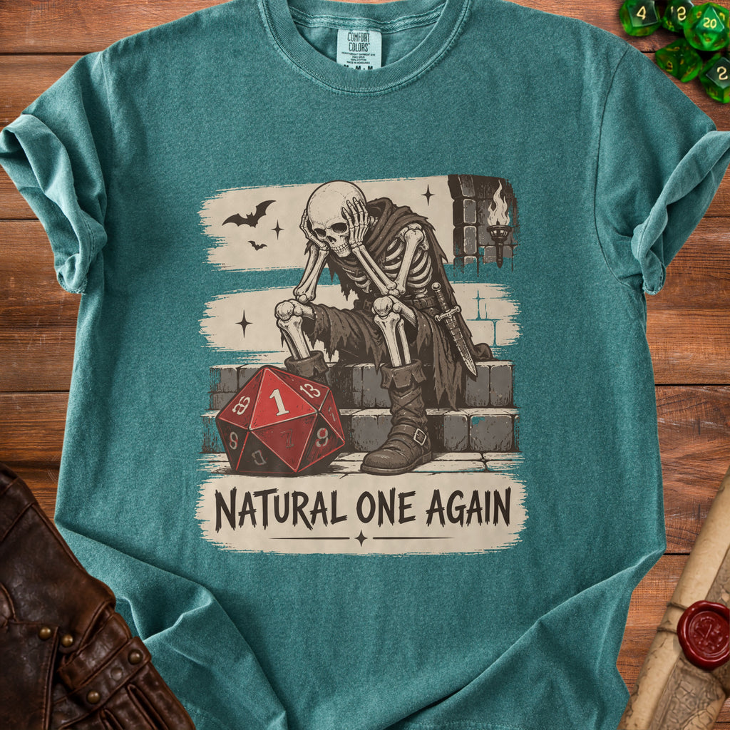 Skeleton wearing armor sits by a D20 die, text reads "Natural One Again".