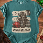 Skeleton wearing armor sits by a D20 die, text reads "Natural One Again".