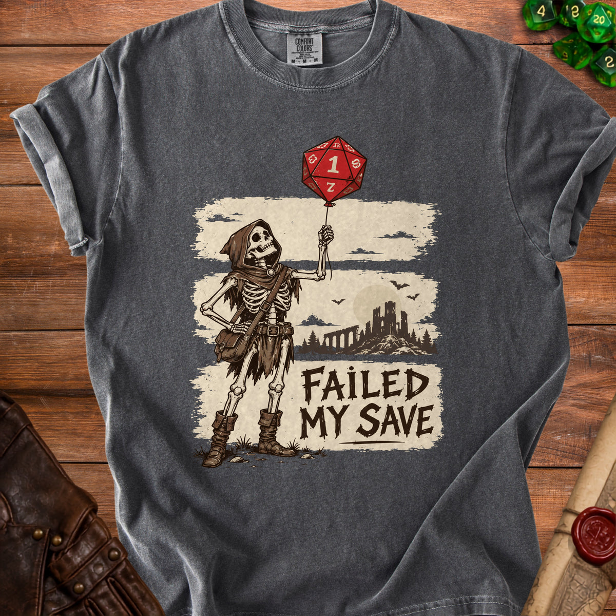 Skeleton holding a d20 balloon with "FAILED MY SAVE" text.
