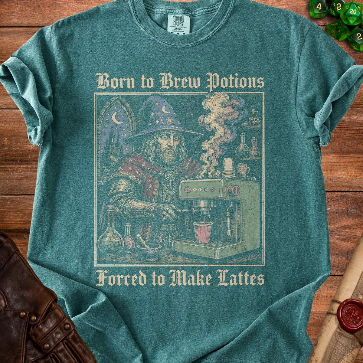 T-shirt graphic featuring a wizard making coffee with text "Born to Brew Potions Forced to Make Lattes".