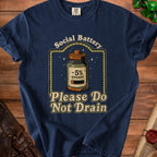 Navy t-shirt with "Social Battery -5% REMAINING Please Do Not Drain" text.