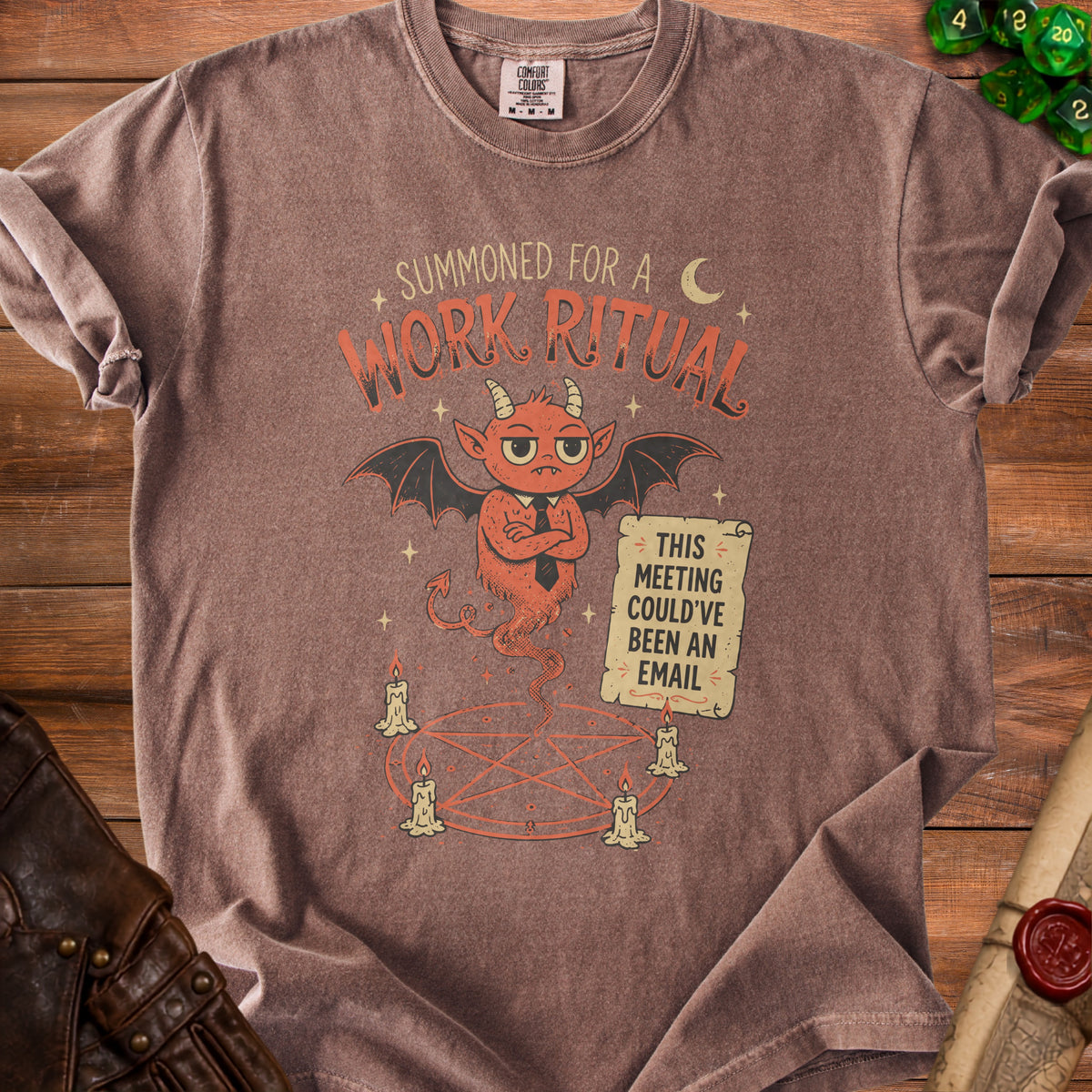 Brown t-shirt with "Summoned for a Work Ritual" and a devil graphic.
