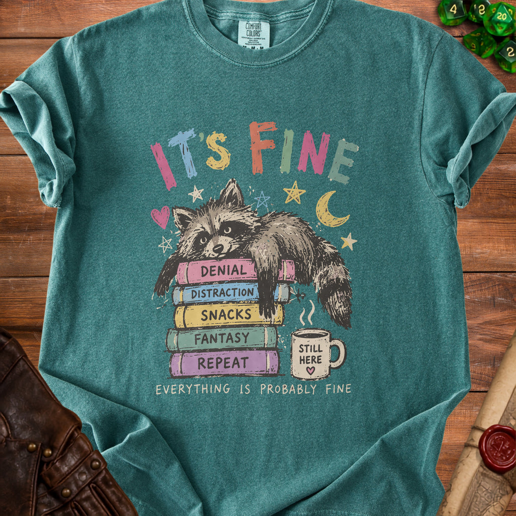 T-shirt with raccoon on books, "It's Fine" and "Everything Is Probably Fine" text.