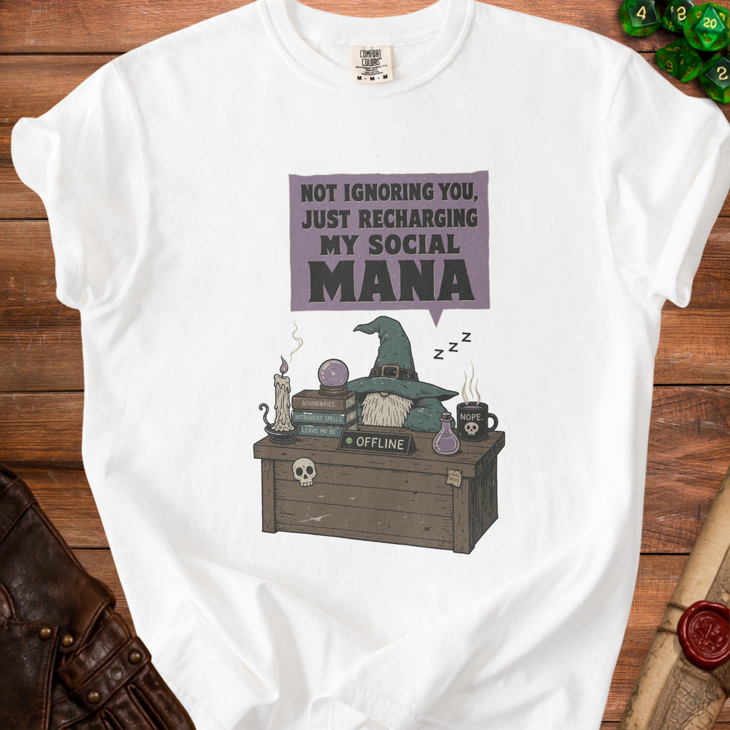 White t-shirt with graphic of gnome recharging social mana, "Offline" sign.