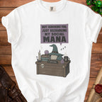 White t-shirt with graphic of gnome recharging social mana, "Offline" sign.