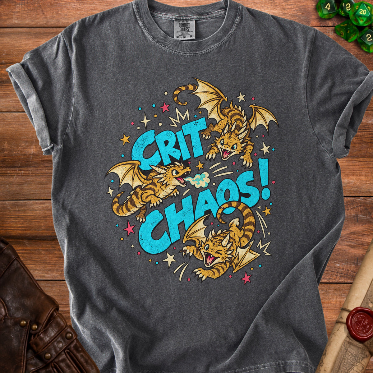 Dark grey t-shirt with three cartoon dragons and "CRIT CHAOS!" text.