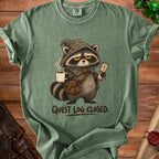 Green t-shirt with raccoon adventurer holding coffee and scroll, reading "Quest Log Closed."