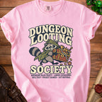 Pink t-shirt with "Dungeon Looting Society" text and a raccoon carrying a treasure chest.