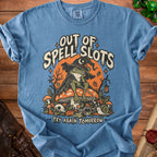 Blue t-shirt with a frog wearing a wizard hat and text "Out of Spell Slots Try Again Tomorrow".