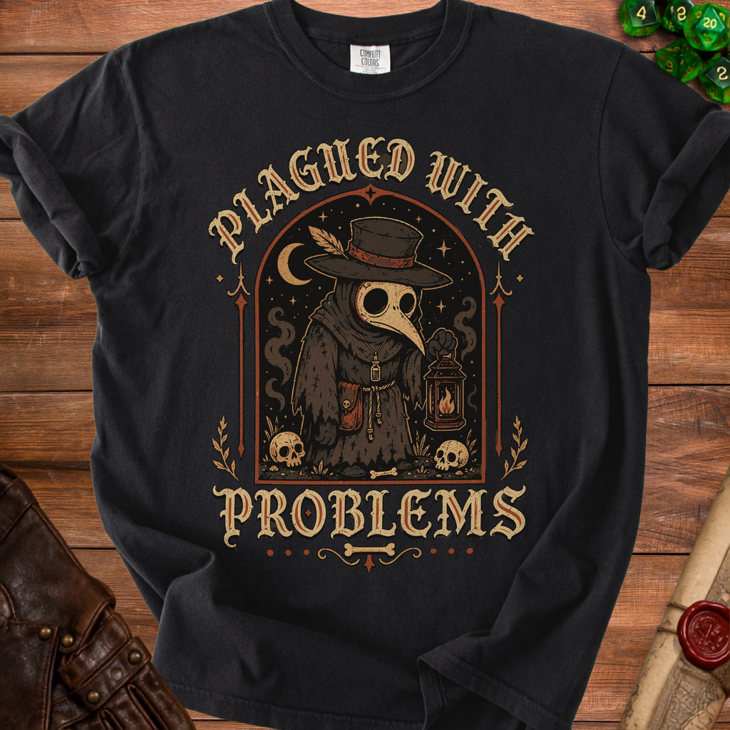 Black t-shirt with plague doctor graphic and text "Plagued With Problems".