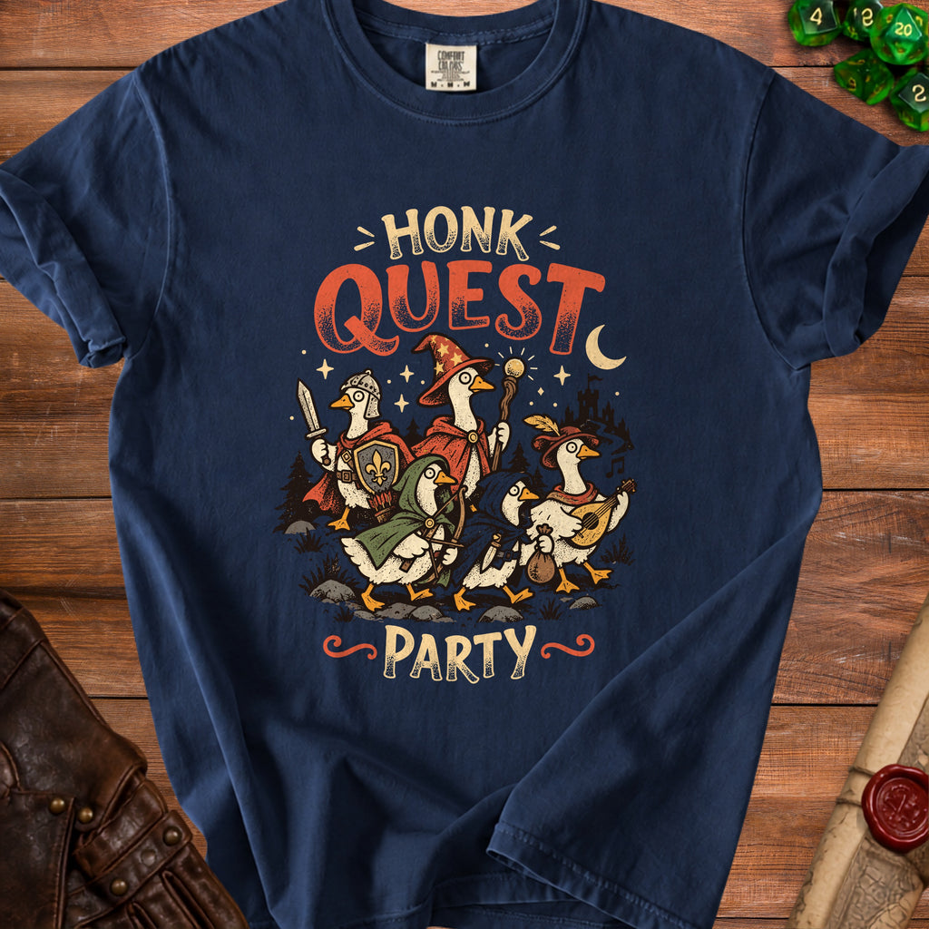 "Honk Quest Party" t-shirt with geese in fantasy adventurer attire.