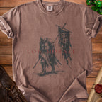 Brown t-shirt with medieval knight graphic and "LOW MORALE" text.