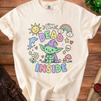 Cream t-shirt with a cartoon goblin and "I'M DEAD INSIDE" text.