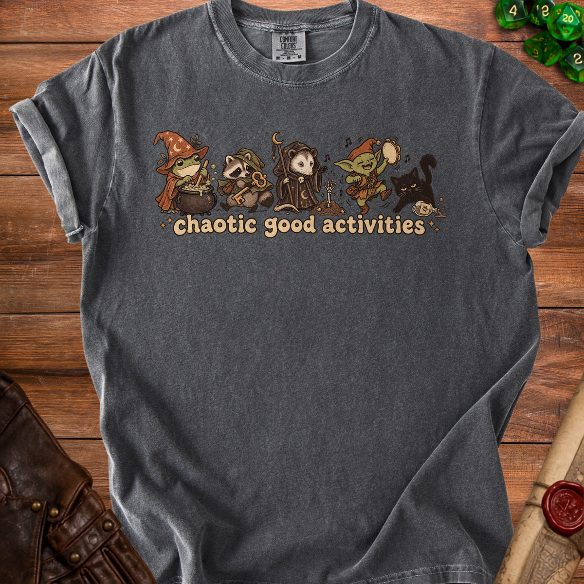 Dark grey t-shirt with "chaotic good activities" and cartoon fantasy creatures.