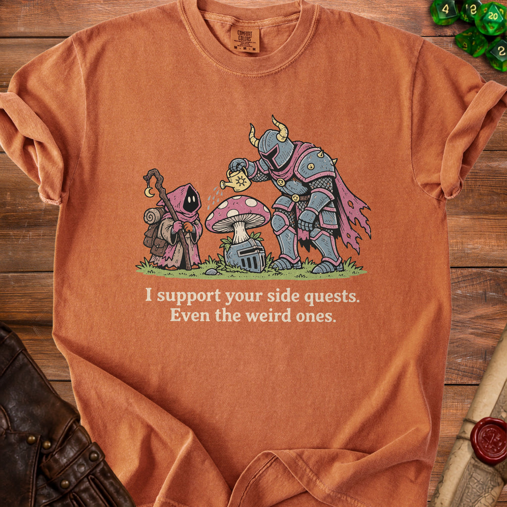 T-shirt with knights watering a mushroom and text "I support your side quests."