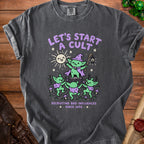 Graphic t-shirt with purple text "Let's Start A Cult" and goblins.