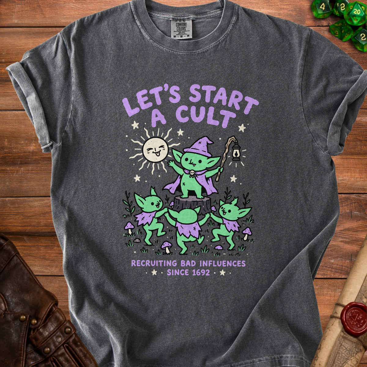 Graphic t-shirt with purple text "Let's Start A Cult" and goblins.