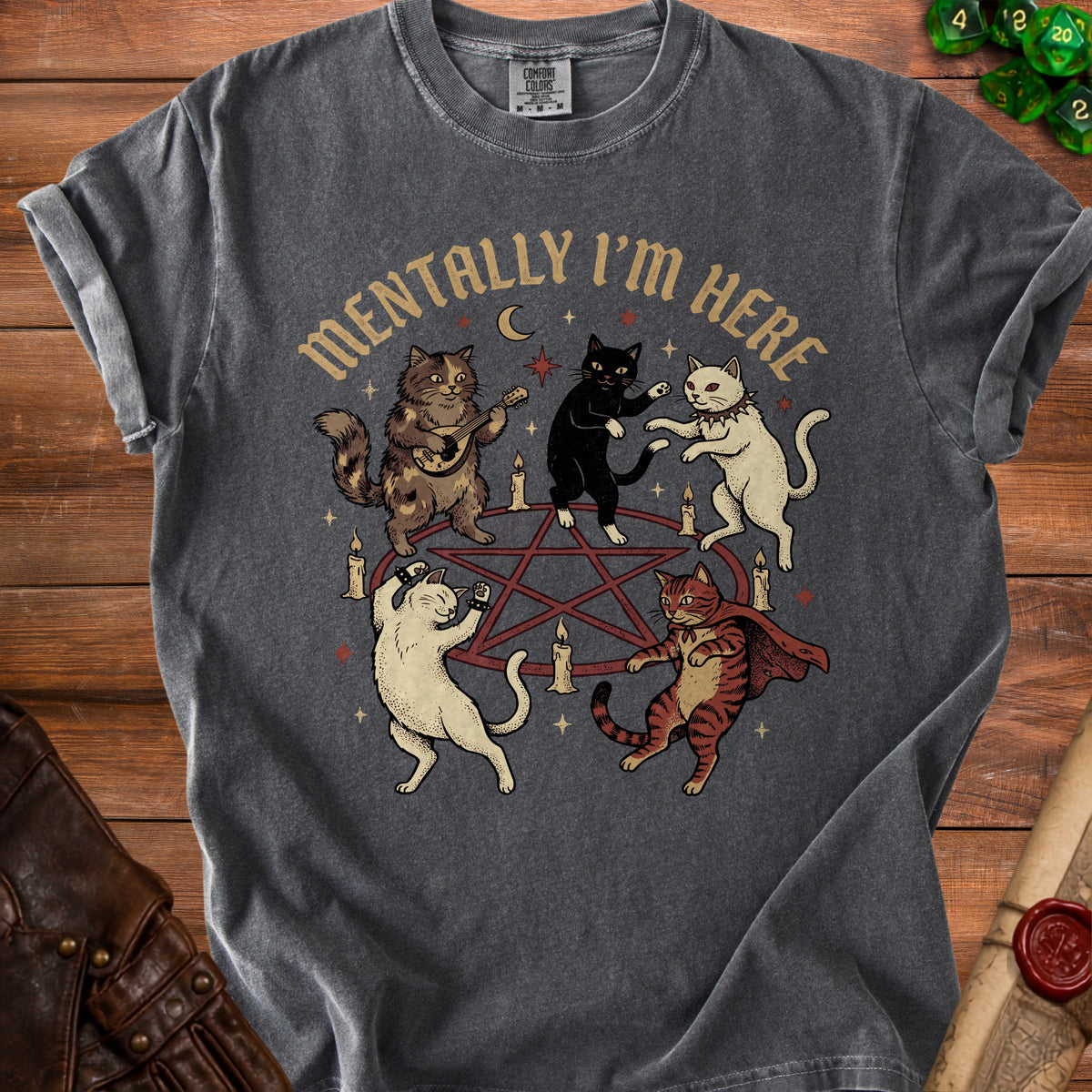 Gray t-shirt with a graphic of cats dancing in a pentagram with candles and text "Mentally I'm Here."