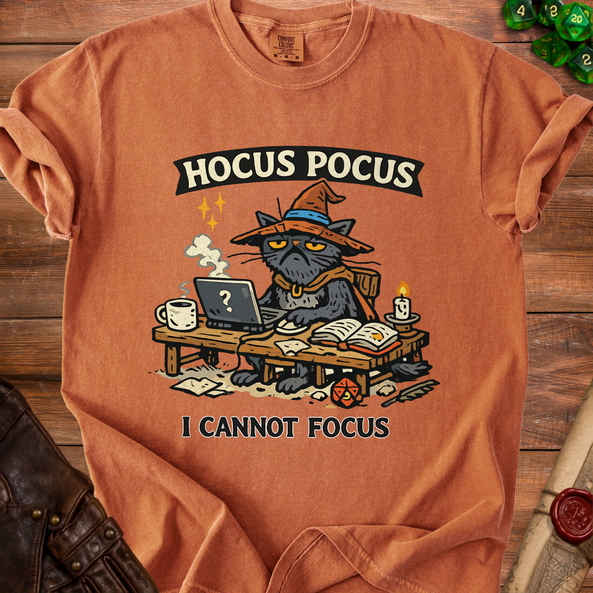 T-shirt with a grumpy cat wearing a witch hat, typing on a laptop, with text "Hocus Pocus I Cannot Focus".