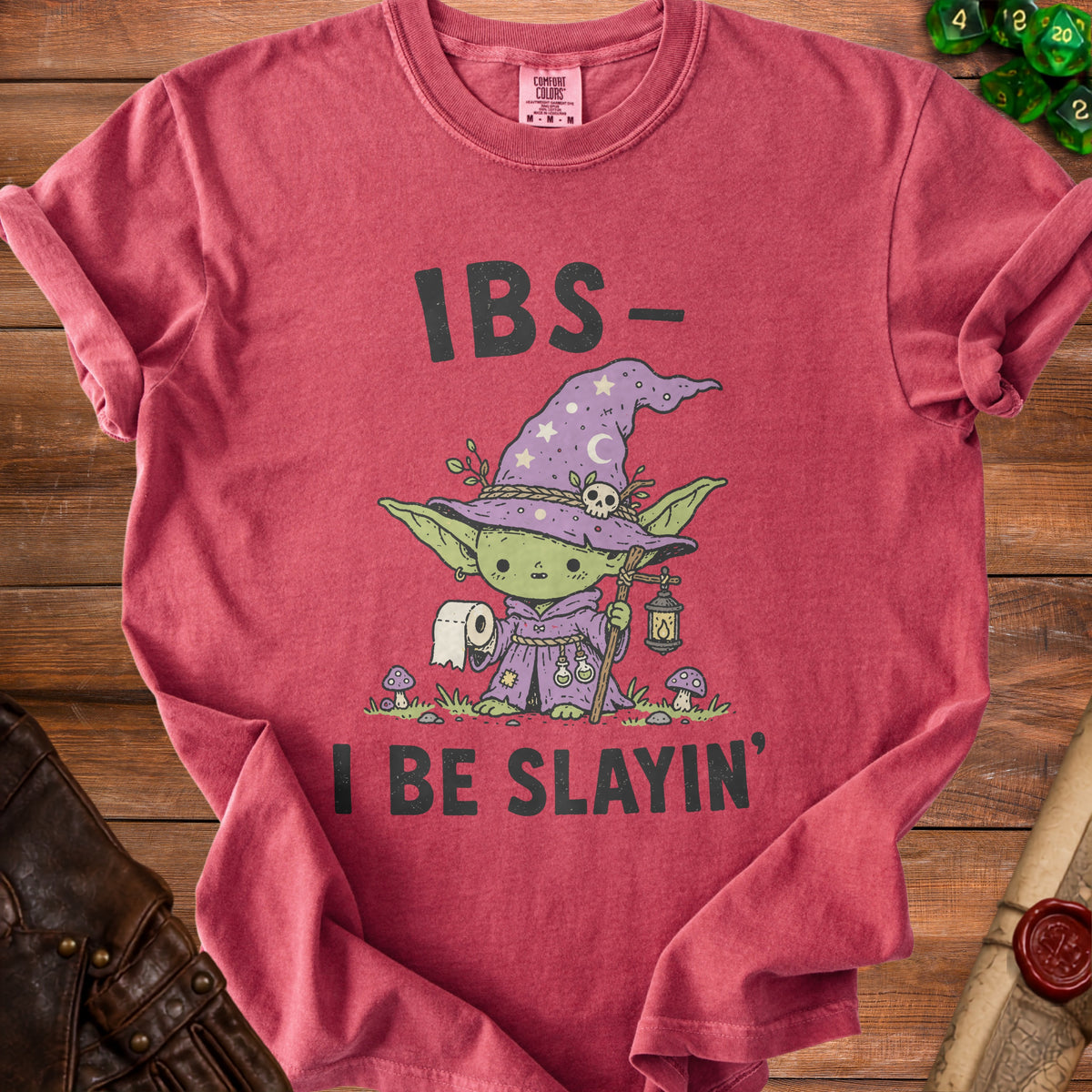 Red shirt with cartoon wizard Yoda holding toilet paper and text "IBS- I BE SLAYIN'".