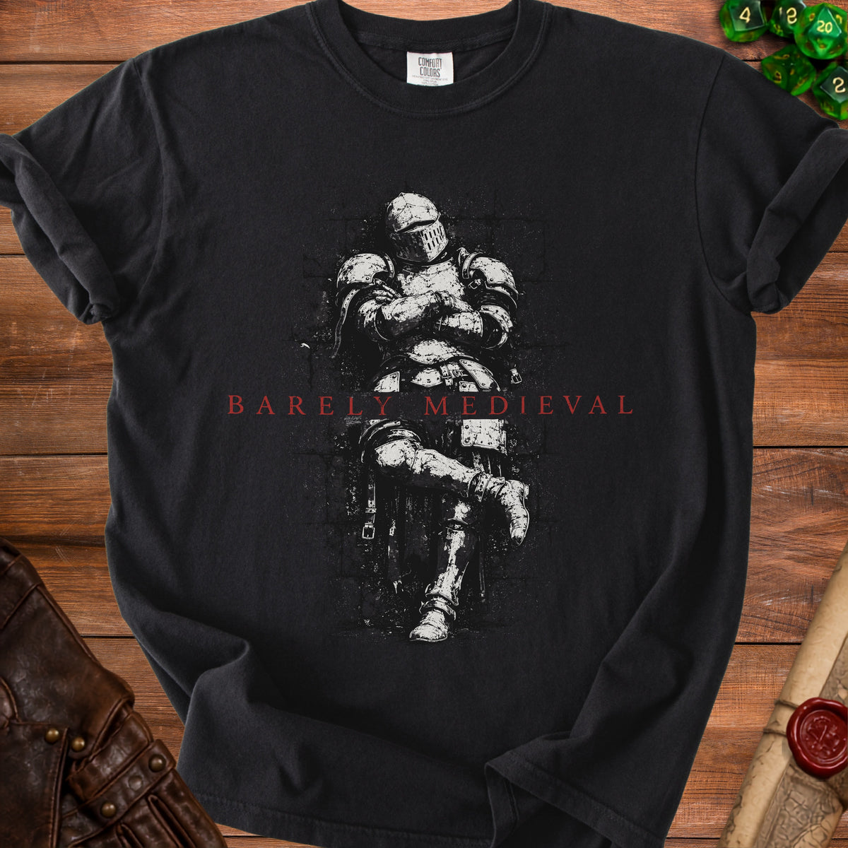 Black t-shirt with distressed knight graphic and "BARELY MEDIEVAL" text.