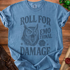 Blue t-shirt with dark gray owl graphic and text "Roll for emotional damage".