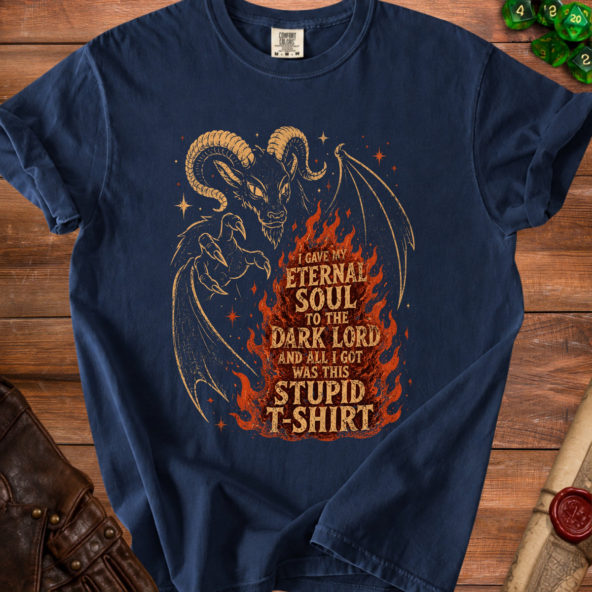 Navy t-shirt with dragon graphic and text "I gave my eternal soul to the Dark Lord and all I got was this stupid t-shirt".